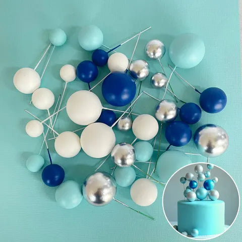 Blue and Silver Deco Ball Toppers- 32pce