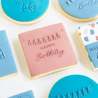 Raised Cookie Embosser - Happy Birthday with Tassel bunting